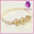 Bracelet, stretch, cultured freshwater pearl and Chinese crystal rhinestones with citrine ,white, 7-8mm potato, 7 inch.